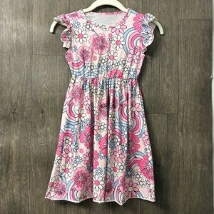 Girls Pink Floral Rainbow Dress | Flutter Sleeve | Size 5–6Y